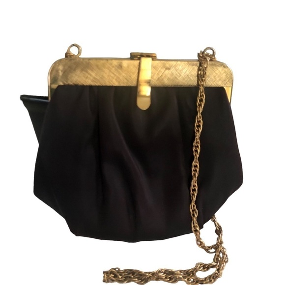 VTG Black Satin Evening Clutch Bag With Gold Chain Handle 6X6 Cocktail Hour - Picture 5 of 6